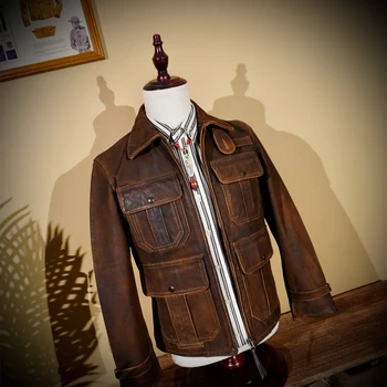 Американская винтажная куртка из воловьей кожи Джейсона Стэтхэма, мужская потертая кожаная куртка с несколькими карманами, охотничья куртка