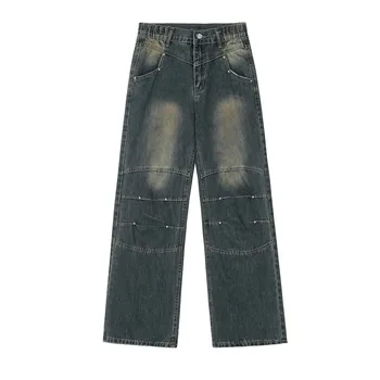 Выстиранные прямые джинсы из денима Мужские Отбеленные сращенные во всю длину Свободные широкие брюки Уличная одежда