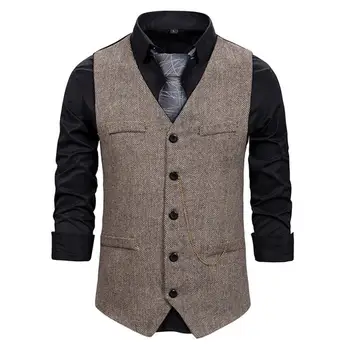 Деловой мужской пиджак без рукавов, официальный жилет, жилет с цепочкой, узкое пальто с V-образным вырезом и накладными карманами