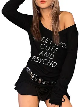 Женская Рубашка Y2K в готическом стиле С открытыми плечами E-Girls, Расшитая Блестками С Длинным рукавом, Свободные Топы В стиле Панк, Уличная Одежда