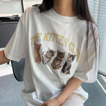 Женская футболка Kawaii The Kitten Club, уличная одежда, белая хлопковая футболка с коротким рукавом и рисунком, милые топы в стиле Гранж