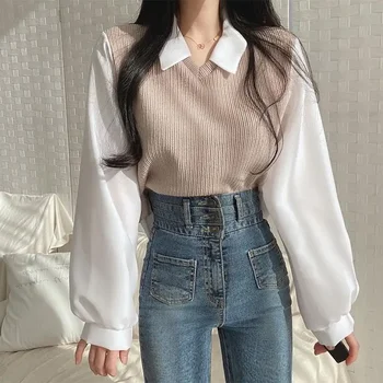 Корейские рубашки, женские шикарные поддельные рубашки с двумя утолщениями, Элегантная уличная одежда с длинным рукавом 2024 года, повседневные женские блузки, топы, свитера