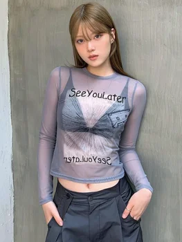 Легкая сетчатая дышащая футболка с буквенным принтом Spicy Girl 2023, новый модный топ с длинным рукавом на подкладке
