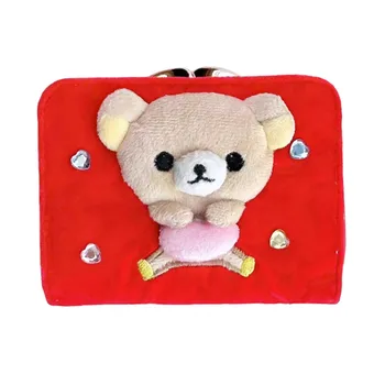 Милый кошелек с рисунком медведя Рилаккума, красный кошелек, Кавайные короткие кошельки для женщин, девочек, зажимы для денег из мультфильма Аниме, женские сумки
