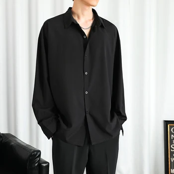 Мужская однотонная рубашка, черные рубашки с длинными рукавами, Мужские Корейские удобные блузки, повседневная Свободная Классическая однобортная рубашка