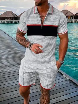 Новая летняя мужская спортивная одежда с 3D принтом, рубашка поло на молнии с коротким рукавом + шорты, комплект повседневной уличной одежды из двух частей