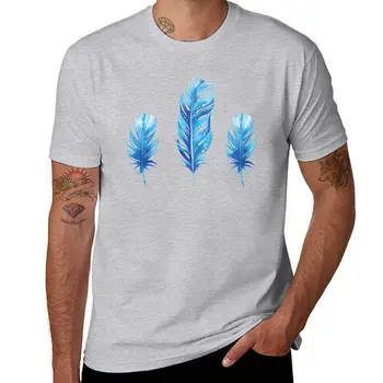 Новая синяя футболка с акварельными перьями, спортивная рубашка, эстетическая одежда, винтажная одежда, возвышенная футболка, мужская одежда