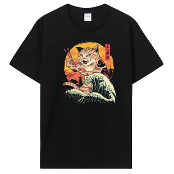 Новая футболка с изображением японского кота самурая, модная повседневная футболка с индивидуальностью, крутые мужские хлопковые футболки, хип-хоп топ, уличная одежда