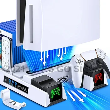 Новейшая подставка для PS5, 2 зарядных устройства для контроллера, 2 охлаждающих вентилятора, держатель гарнитуры, 11 игровых слотов для аксессуаров консоли Playstation 5.