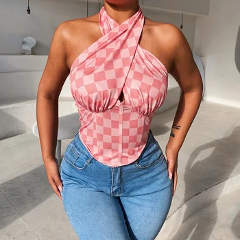 Новые модные женские топы на бретелях с открытой грудью, облегающая летняя одежда с геометрическим рисунком, простые розовые уличные топы на бретелях