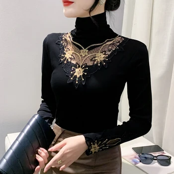Осень-зима, новая черная футболка с высоким воротом, модная лоскутная кружевная рубашка с вышивкой, приталенные женские топы с длинными рукавами и бриллиантами