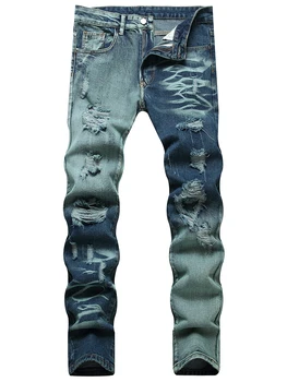 Приталенные прямые мужские рваные джинсы, зеленые хлопчатобумажные джинсовые брюки с градиентными дырками, весенне-летние потертые брюки с потертостями