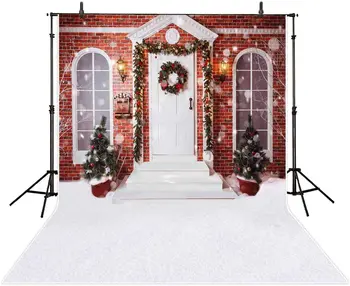 Рождественский дом, фон для фотосъемки, зимний снег, входная дверь, красные окна, сосна, блестящее украшение для снежного поля
