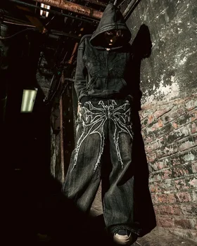 Уличные прямые брюки Harajuku с необработанным краем и принтом паука, мужские y2k в стиле хип-хоп для скейтбординга, повседневные свободные брюки с высокой талией