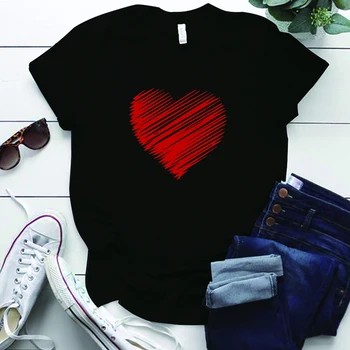 Футболки для девочек, футболка в стиле харадзюку с огненно-красным сердечком, футболка с коротким рукавом и круглым вырезом, футболка в уличном стиле для женщин, топы Повседневные