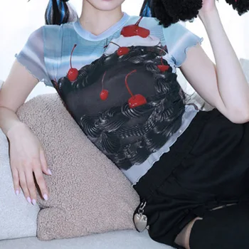 Эстетика Y2k, Топы из прозрачной сетки с принтом милого торта, женская футболка в стиле Фея Гранж, футболка с коротким рукавом, Harajuku, Шикарная уличная одежда