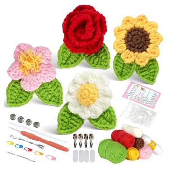 1 комплект Для начинающих Вязать Крючком Цветочную Брошь Kit Crochet Startr Kit + Пошаговые Видеоуроки и Пряжа для Вышивания Для Взрослых,