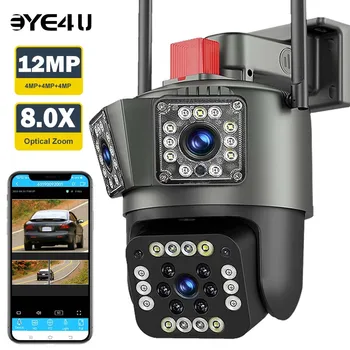 12MP 6K WIFI IP-камера с трехобъективным экраном PTZ-камеры Автоматическое Отслеживание Видео Водонепроницаемая система видеонаблюдения Защита безопасности домашней системы