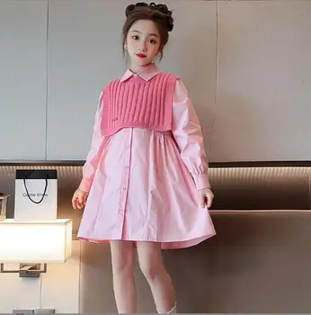 2023 Комплект из 2 предметов для девочек в корейском стиле, платье + вязаный жилет, осенний модный костюм хорошего качества для девочек от 5 до 12 лет F186