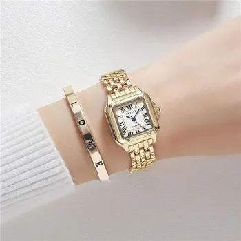 2023 Роскошные женские модные Квадратные часы с ремешком из золотого сплава, женские кварцевые наручные часы, Женские часы с римской шкалой