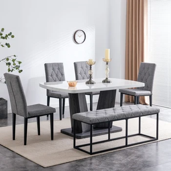 63-дюймовый обеденный стол в современном стиле из 6 предметов с 4 стульями и 1 скамейкой, Столешница из мраморного шпона и V-образные ножки стола (белые