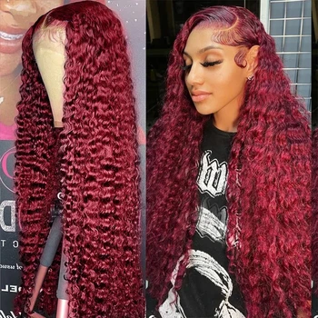 99j Бордовый парик из человеческих волос на кружеве 30 дюймов, свободный парик с глубокой волной, 13x6 Hd, предварительно выщипанные Прозрачные кружевные парики для женщин