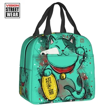 Kawaii Maneki Neko Изолированные сумки для ланча для женщин Lucky Cat Портативный термоохладитель Bento Box Работа Школа Путешествия