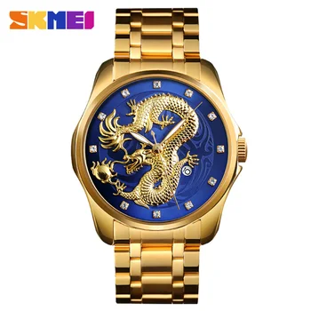 SKMEI 9193 Роскошные кварцевые мужские часы Golden Dragon Мужские часы с водонепроницаемым дисплеем даты Ремешок Наручные мужские часы Reloj Masculino