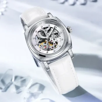 Бренд BOUX Повседневные часы с автоматическим механическим механизмом для женщин, полые женские наручные часы, светящиеся часы, ремешок из натуральной кожи