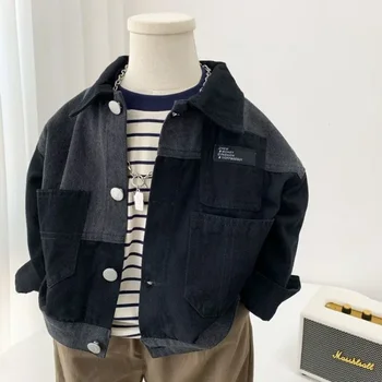 Корейская джинсовая куртка в стиле пэчворк для мальчика 2-9 лет, новинка 2023 года, красивое повседневное модное пальто для малышей, весенне-осенняя детская одежда