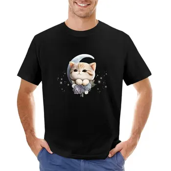Кот и Луна - Moon cat - акварельная футболка, футболки, эстетичная одежда, забавная футболка, мужская хлопковая футболка