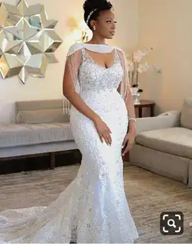 Кружево с аппликацией, элегантная длинная русалка, выполненная на заказ, расшитая блестками и бисером кисточка, Плюс размер Свадебного платья для африканской вечеринки 2023