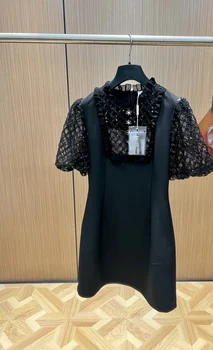 Маленькое черное платье в клетку из плотной сетки с пайетками, летнее маленькое черное платье в винтажном стиле, лоскутное платье в клетку с пайетками из сетки6.26