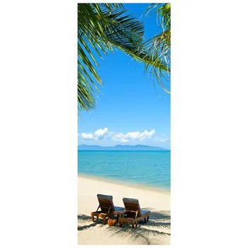 Наклейки на дверь с видом на море Пляж Пальма Пейзаж 3D Настенное искусство Виниловая фреска Украшение дома Солнечный Летний пейзаж Обои 77 * 200СМ