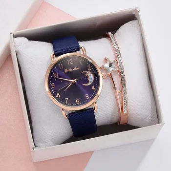 Новые модели, женский индивидуальный браслет, комбинированный набор, цифровой циферблат с рисунком Луны, 2 шт., модные кварцевые женские часы