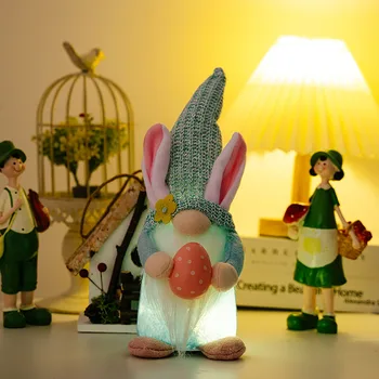 Пасхальные украшения со светящимися гирляндами, Безликие кроличьи ушки, пасхальное яйцо, кукла-гном
