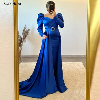 Платье для выпускного вечера с V-образным вырезом и длинными рукавами, Синее атласное платье Русалки с высоким разрезом, женское вечернее платье с рюшами, праздничное платье