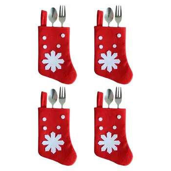 Рождественские носочки для столовых приборов, красные мини-рождественские чулки, 4шт рождественских украшений для обеденного стола, ложка для дома