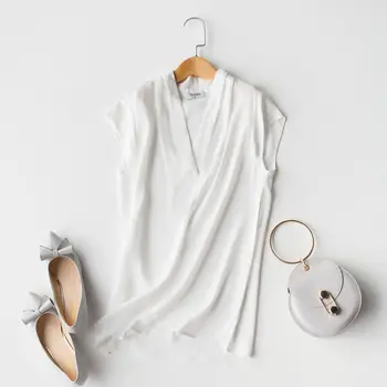Шелковая рубашка, топы, Блузка, футболка, Весенне-летний мягкий топ, женская мода, V-образный вырез, Настоящая белая блузка из 100% шелка, женская блузка