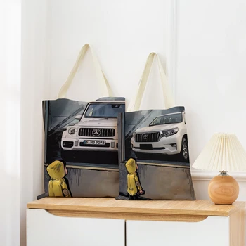Эко-сумка для покупок с рисунком мультяшного мальчика и автомобиля, женская льняная сумка с двусторонним принтом, складная Портативная сумка для удобного хранения.